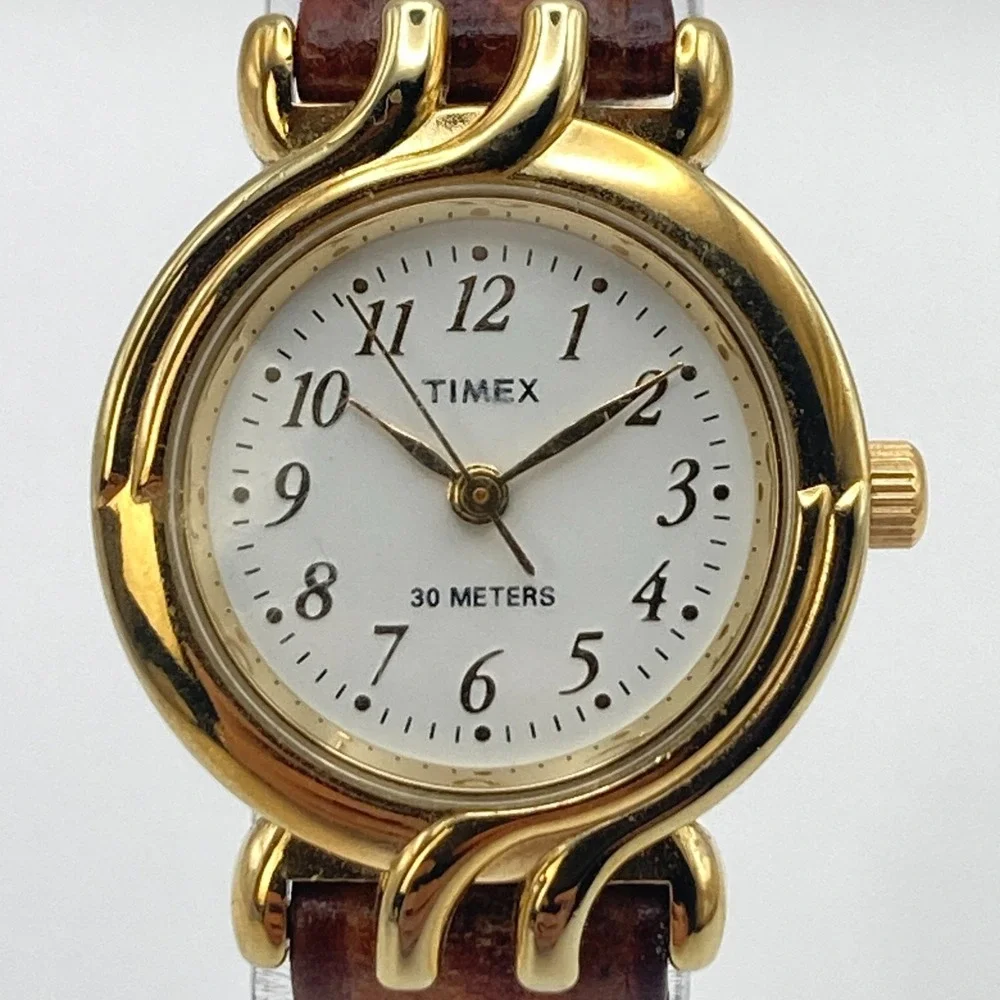 Vintage Timex Women's Watch 25mm Gold Tone Leather New Battery SMALL 7.5